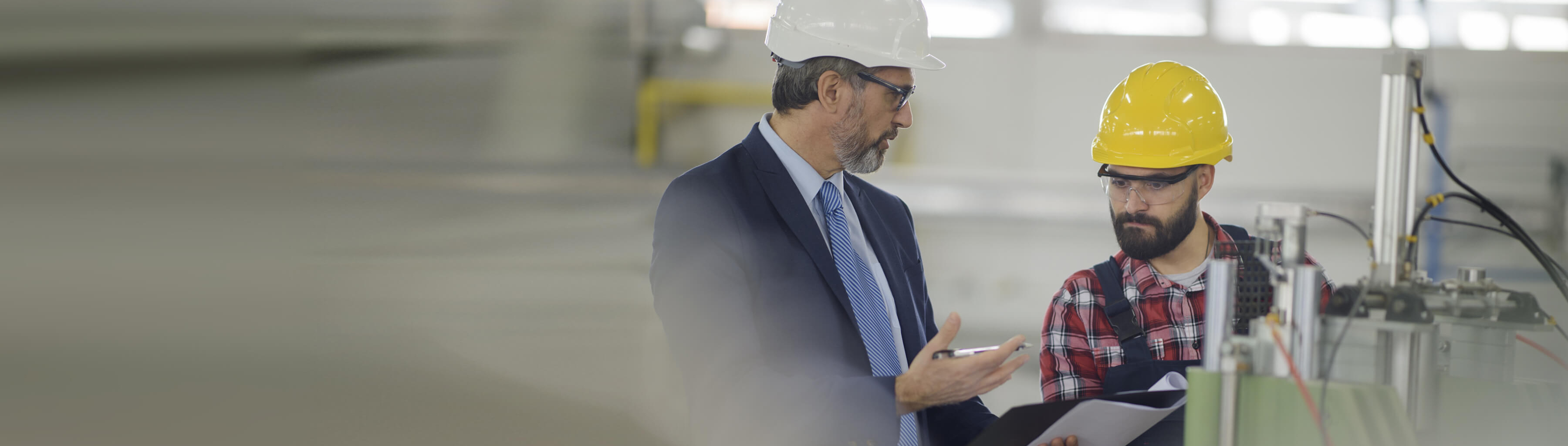 Young employee with health and safety consultant in factory