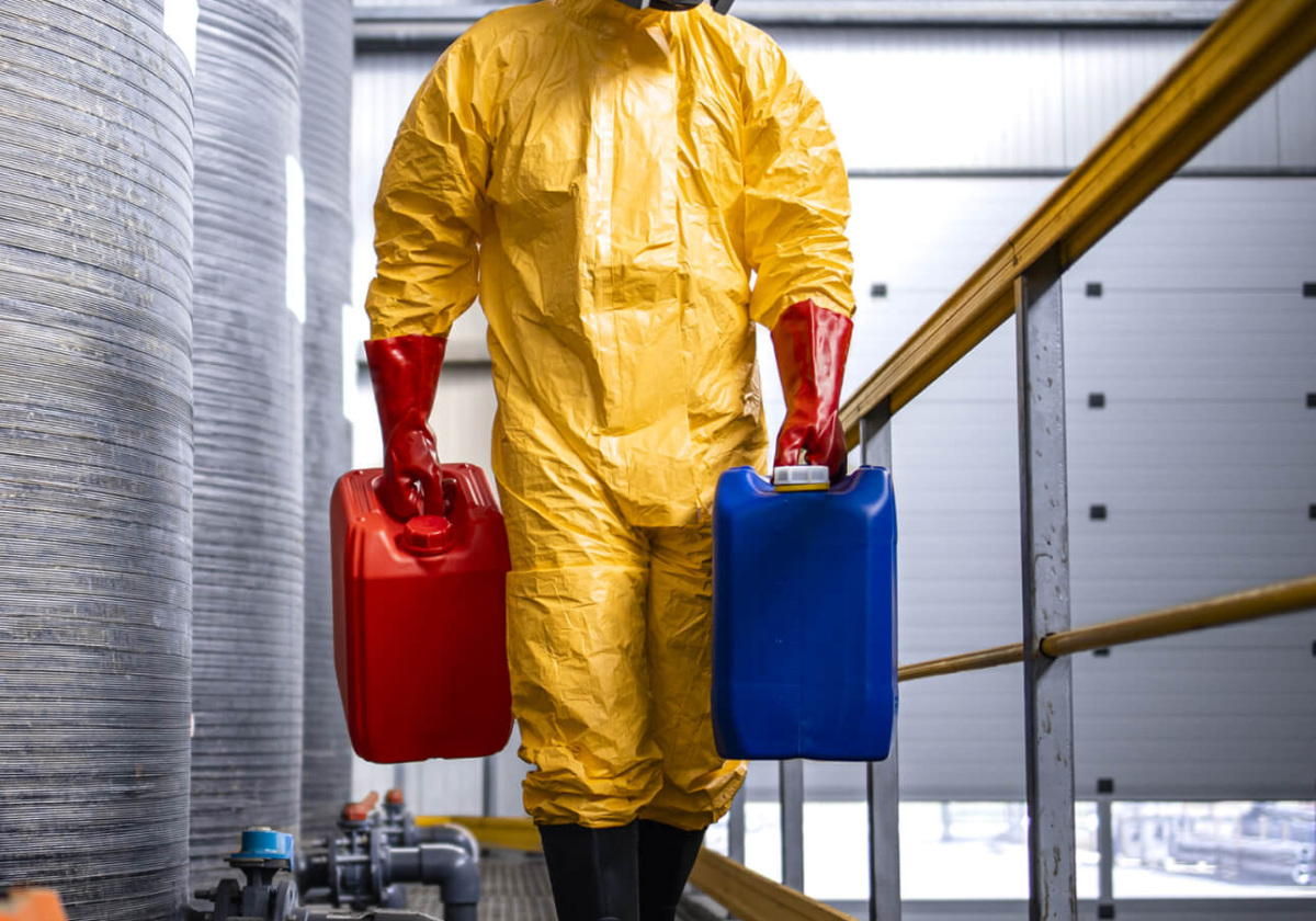 Factory worker in protective equipment walking by acid storage tanks and carrying aggressive and dangerous chemicals. Factory worker in protective equipment walking by acid storage tanks and carrying aggressive and dangerous chemicals.