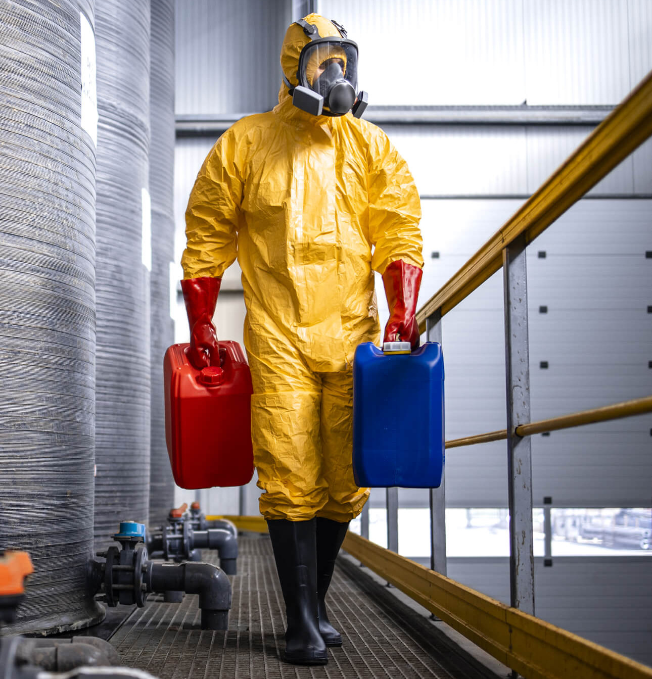 Factory worker in protective equipment walking by acid storage tanks and carrying aggressive and dangerous chemicals.
